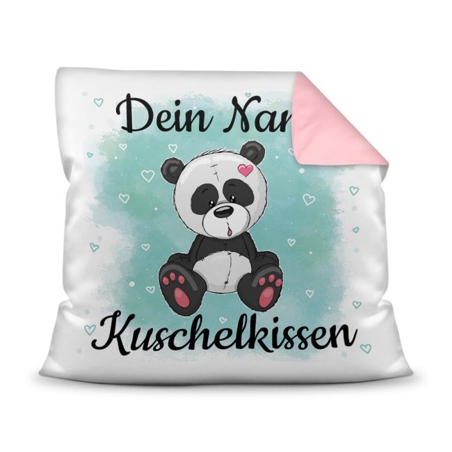 Bild von Kinderkissen mit Tiermotiv und Wunschname - Panda - Rückseite Rosa