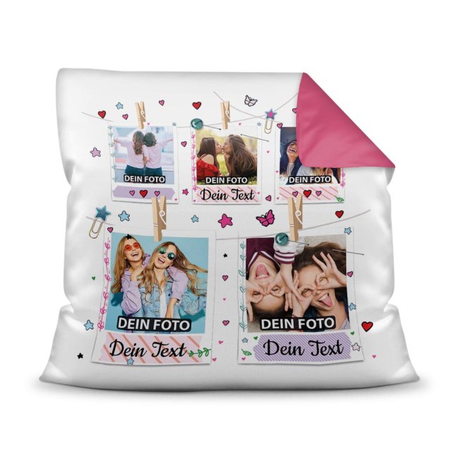 Bild von Kissen - Polaroid-Design - Beste Freundinnen - mit fünf Fotos - Rückseite Pink
