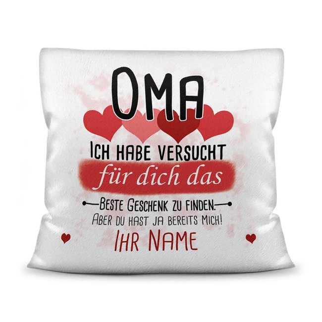 Bild von Kissen - Bestes Geschenk für Oma von einem Kind - mit Wunschname in Rot - weiß-flauschig