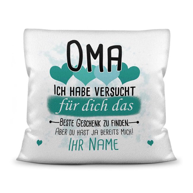 Bild von Kissen - Bestes Geschenk für Oma von einem Kind - mit Wunschname in Türkis - weiß-flauschig