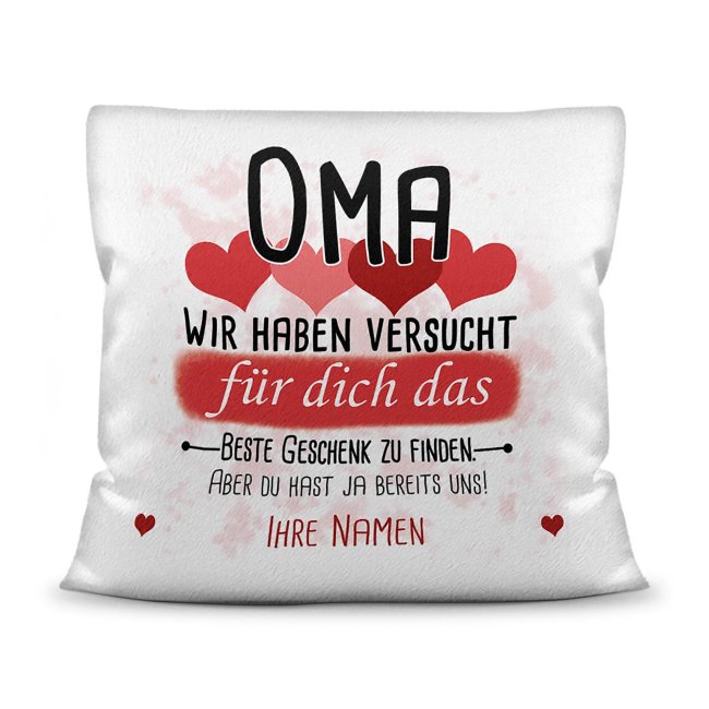 Bild von Kissen - Bestes Geschenk für Oma von mehr Kindern - mit Wunschnamen in Rot - weiß-flauschig