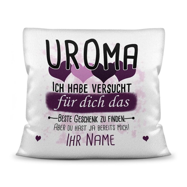 Bild von Kissen - Bestes Geschenk für Uroma von einem Kind - mit Wunschname in Lila - weiß-flauschig