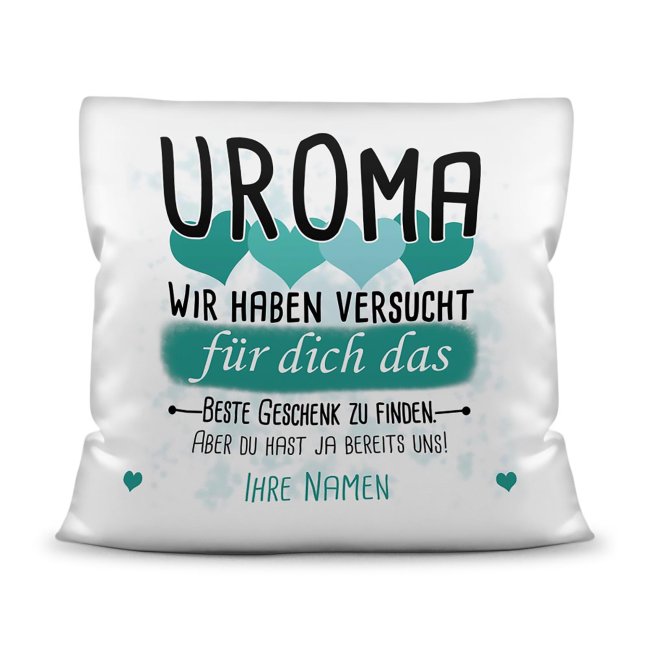 Bild von Kissen - Bestes Geschenk für Uroma von mehr Kindern - mit Wunschnamen in Türkis - weiß