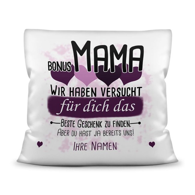 Bild von Kissen - Bestes Geschenk für Bonus Mama von mehr Kindern - mit Wunschnamen in Lila - weiß