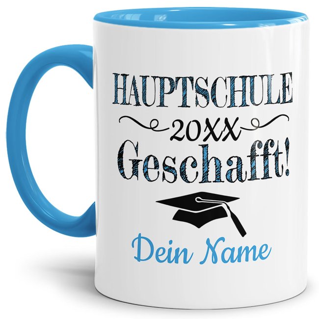 Bild von Tasse mit Spruch zum Schulabschluss - Hauptschule - Innen & Henkel Hellblau