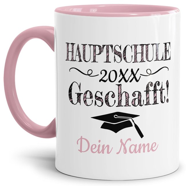 Bild von Tasse mit Spruch zum Schulabschluss - Hauptschule - Innen & Henkel Rosa