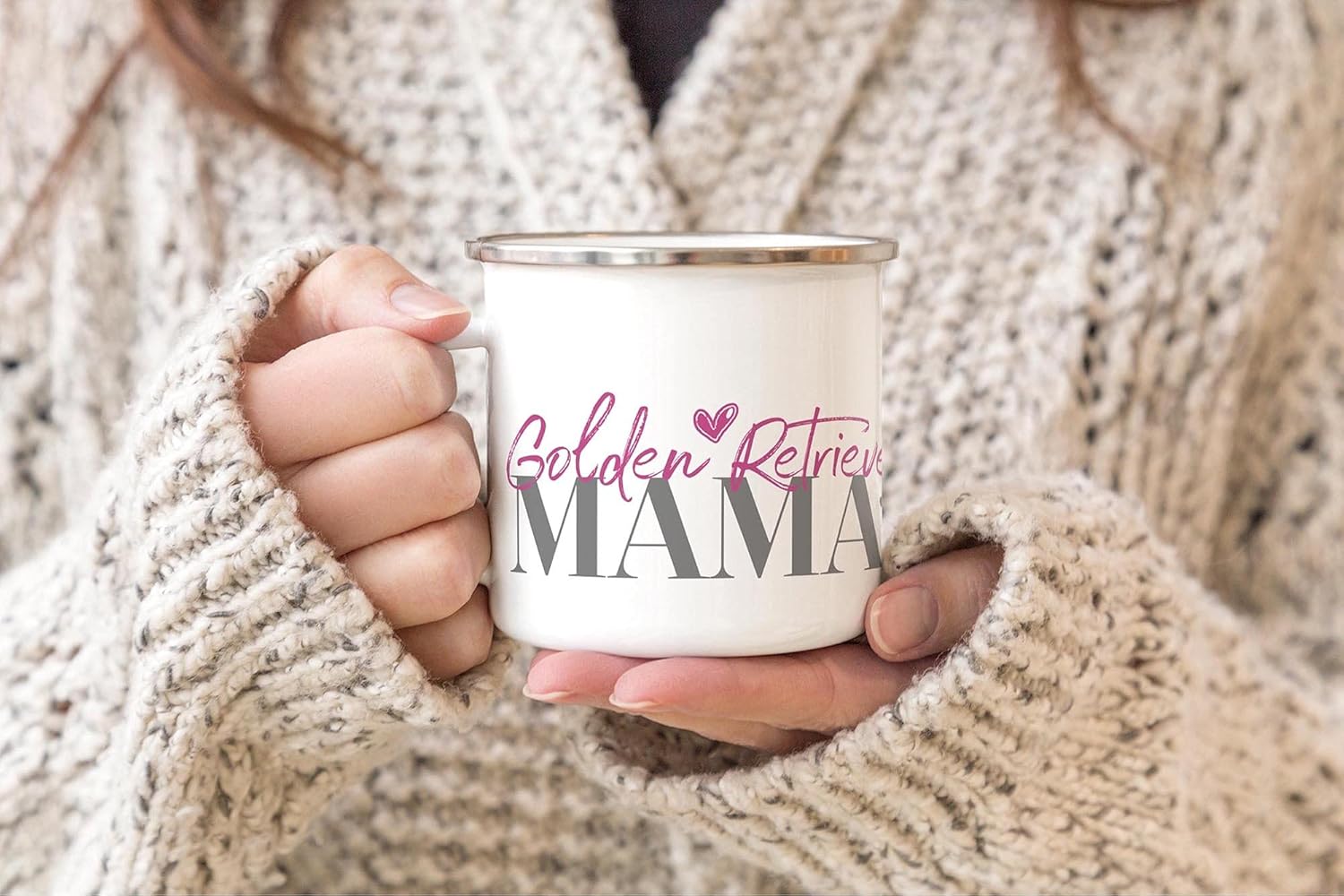Bild von PfotenSchild Emaille Tasse - Hunderassen Mama - Metalltasse für Hundefreunde - Persönliche Geschenkidee - Hundetasse für Hundemama Golden Retriever Rand Silber - 300 ml