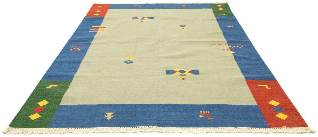 Bild von morgenland Wollteppich "Kelim Teppich handgewebt grün", rechteckig, 6 mm Höhe, Kurzflor