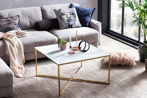 Bild von SalesFever Couchtisch quadratisch Glasplatte foliert in Marmor-Optik Gestell Metall 80x80x45 cm weiß-gold