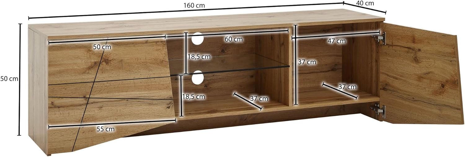 Bild von KADIMA DESIGN TV-Lowboard Holz Eiche-Dekor, Platz für 70-Zoll TV, Eichenoptik und Glas