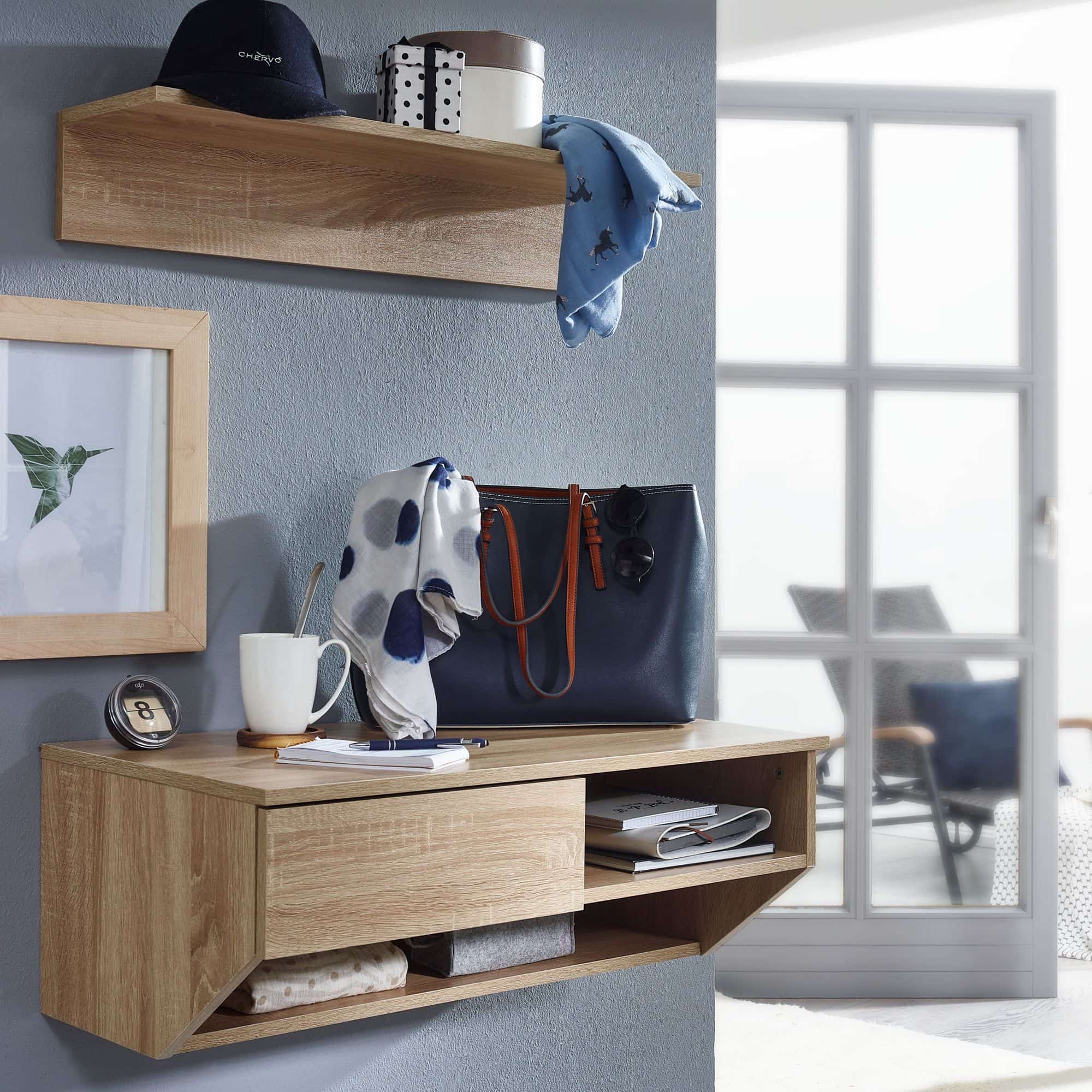 Bild von Hängeschrank mit Wandregal Sonoma Eiche 75 cm Design Schweberegal | Wandschrank mit Schublade | Oberschrank Wand Flur Wohnzimmer