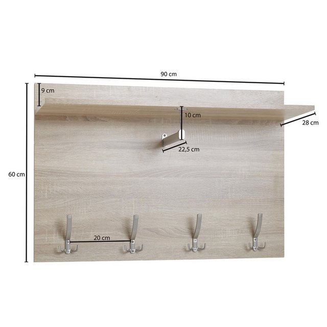 Bild von Wohnling Wandgarderobe Sonoma Eiche 90x60x29,5 cm Design Flurgarderobe Holz, Hakenleiste Wandpaneel mit Ablage und Kleiderstange, Garderobe Wand, Garderobenleiste Flur