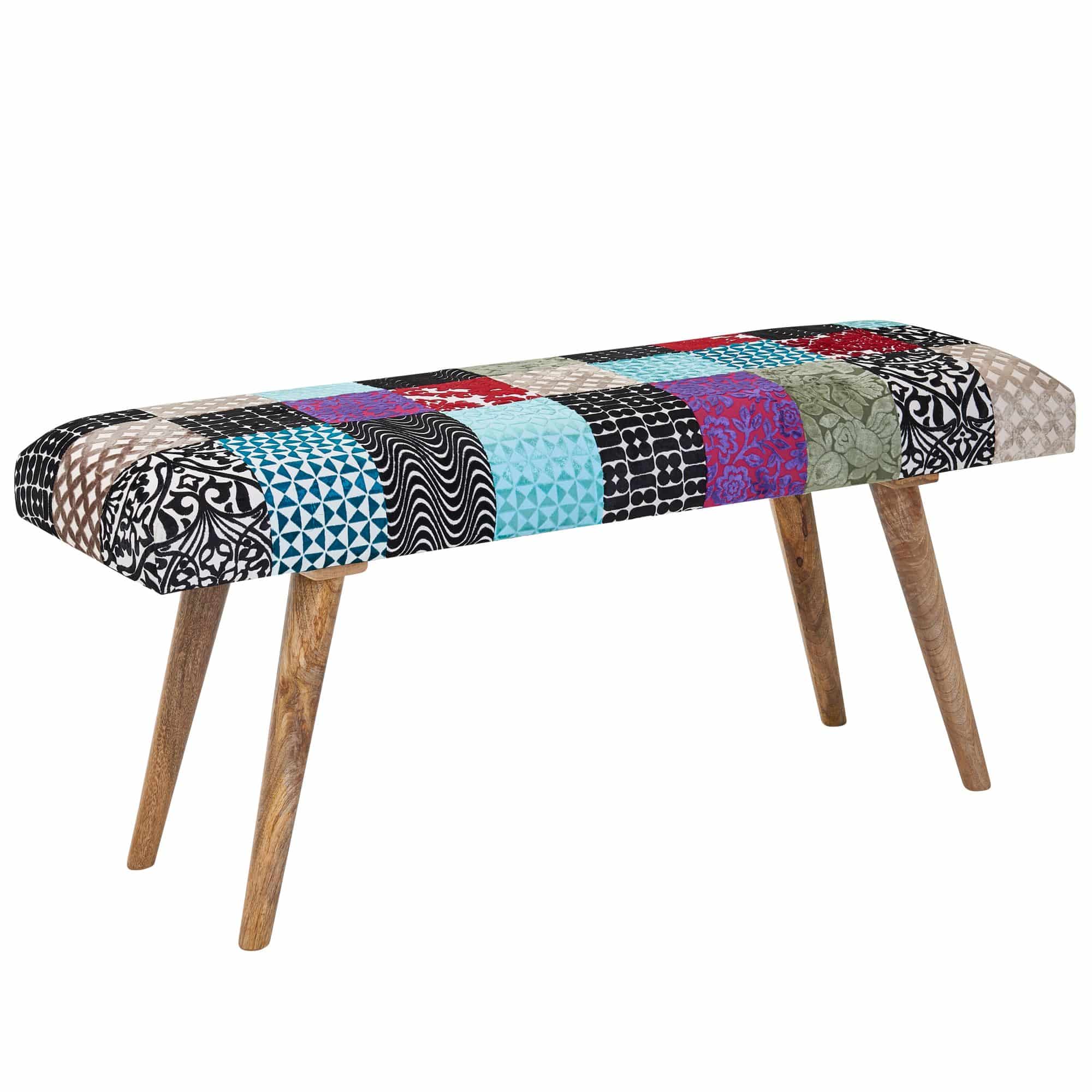 Bild von Wohnling Sitzbank Samt / Massivholz Bank Bunt 117x51x38 cm Bettbank Patchwork WL6.477