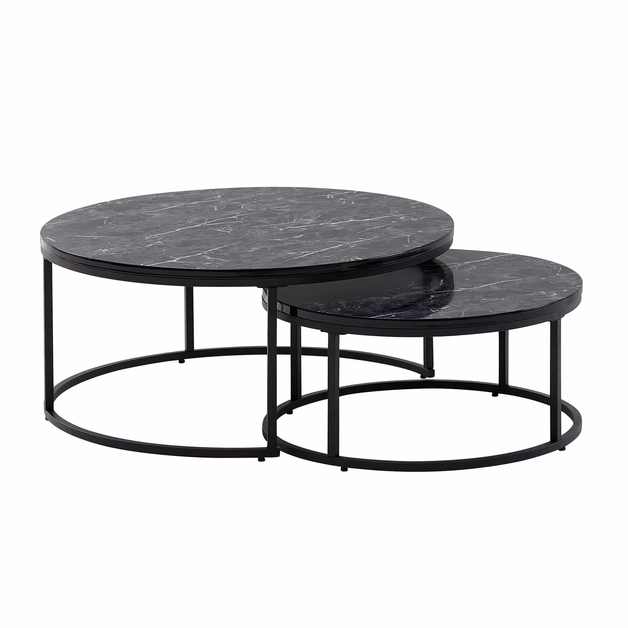 Bild von Couchtisch 2er Set Schwarz Marmor Optik Sofatisch Rund Modern | Beistelltisch 2-teilig Metall | Runde Wohnzimmertische | Design Satztische