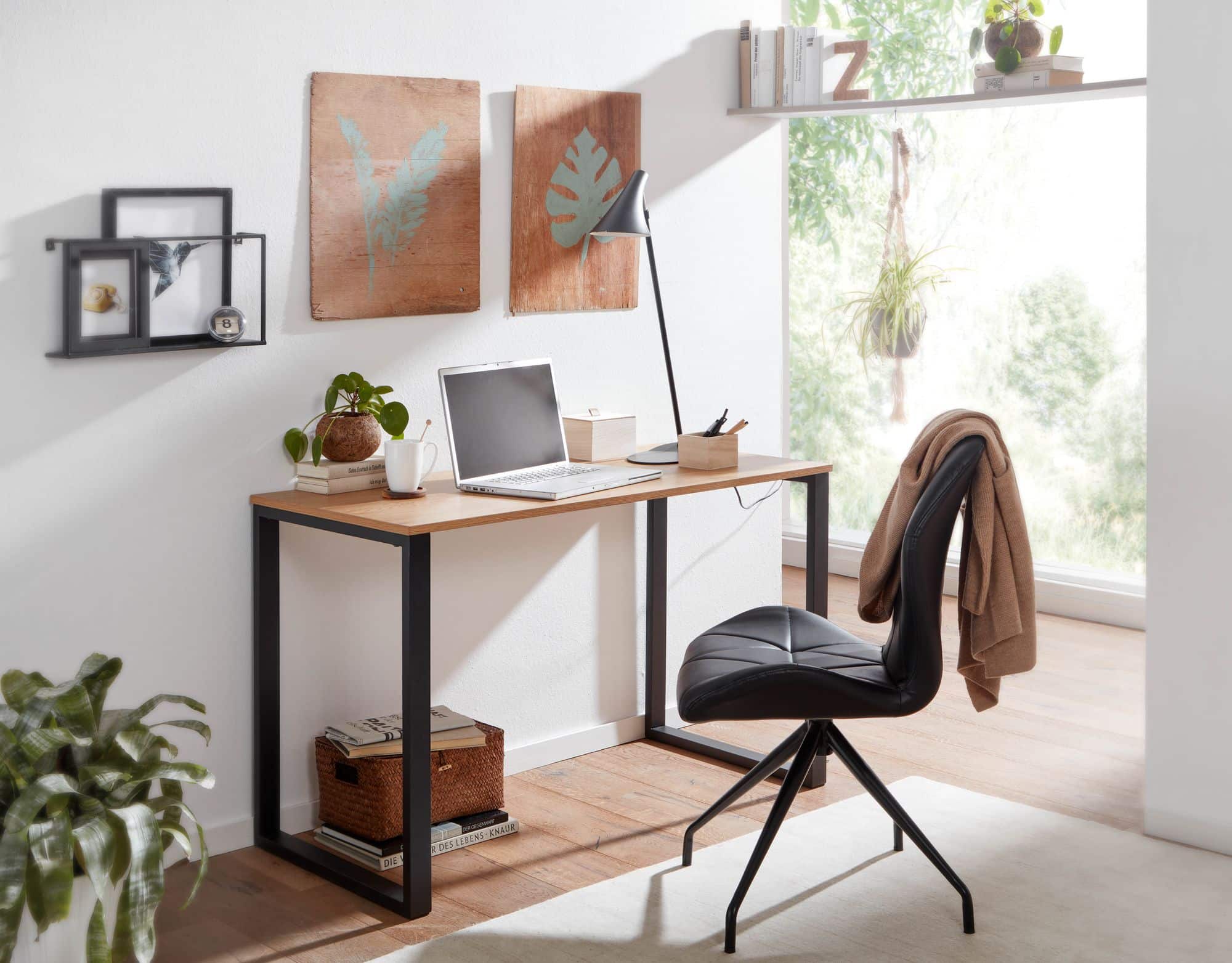 Bild von Wohnling Schreibtisch Eiche-Dekor/Schwarz 120x60x76 cm Design Computertisch, Homeoffice Bürotisch Klein Hell, Laptoptisch Arbeitszimmer mit Metallbeine
