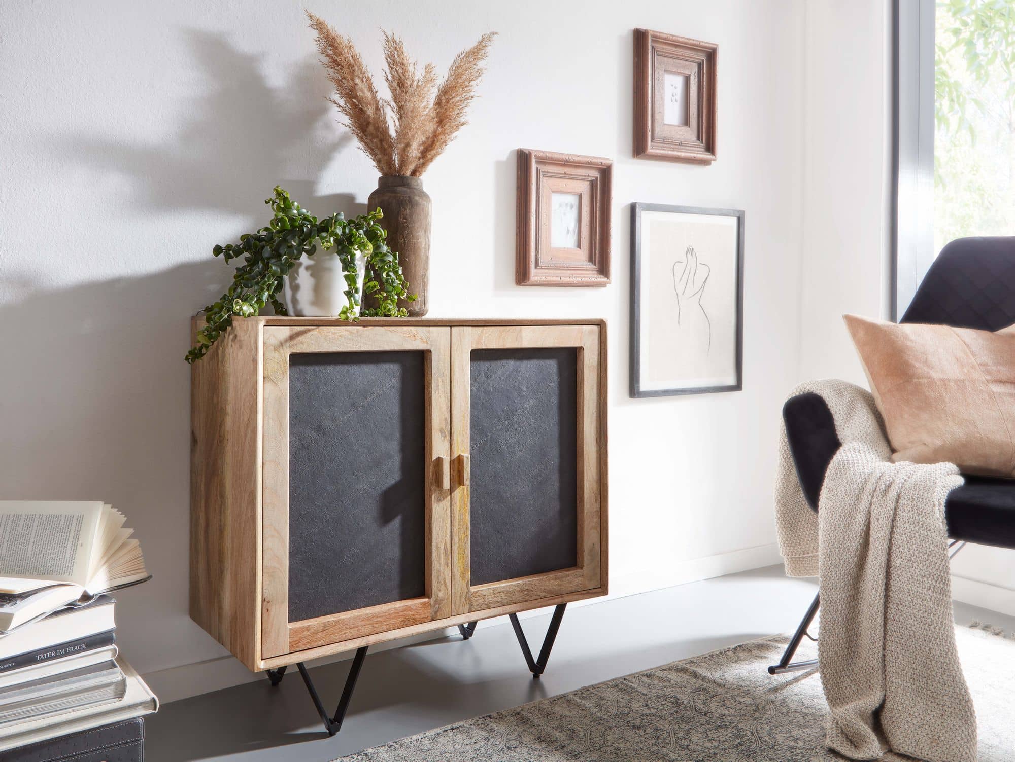Bild von Sideboard 80x75x35 cm Mango Massivholz / Stein-Optik Anrichte Braun | Kommode mit 2 Türen | Kleiner Kommodenschrank Holz Massiv | Standschrank Mehrzweckkommode mit Metallgestell
