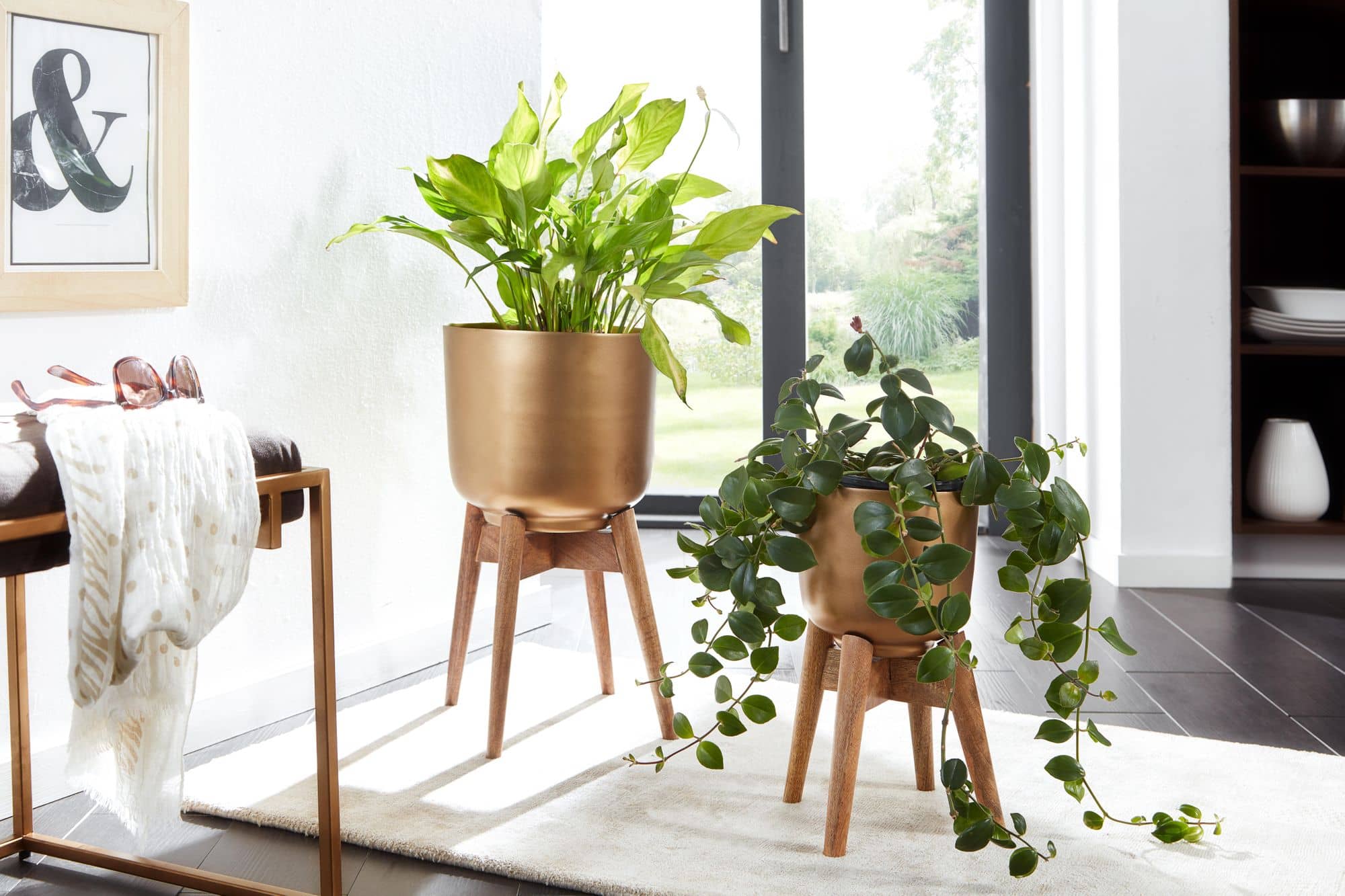 Bild von Blumentopf 2er Set Metall / Massivholz Pflanzkübel Gold mit Füßen