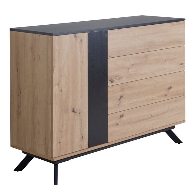 Bild von Sideboard 110x87x40 cm MDF Anrichte in Eiche-Dekor / Schwarz | Kommode mit 4 Schubladen | Kommodenschrank Flurschrank mit Tür Modern | Standschrank Wohnzimmer mit Metallbeine
