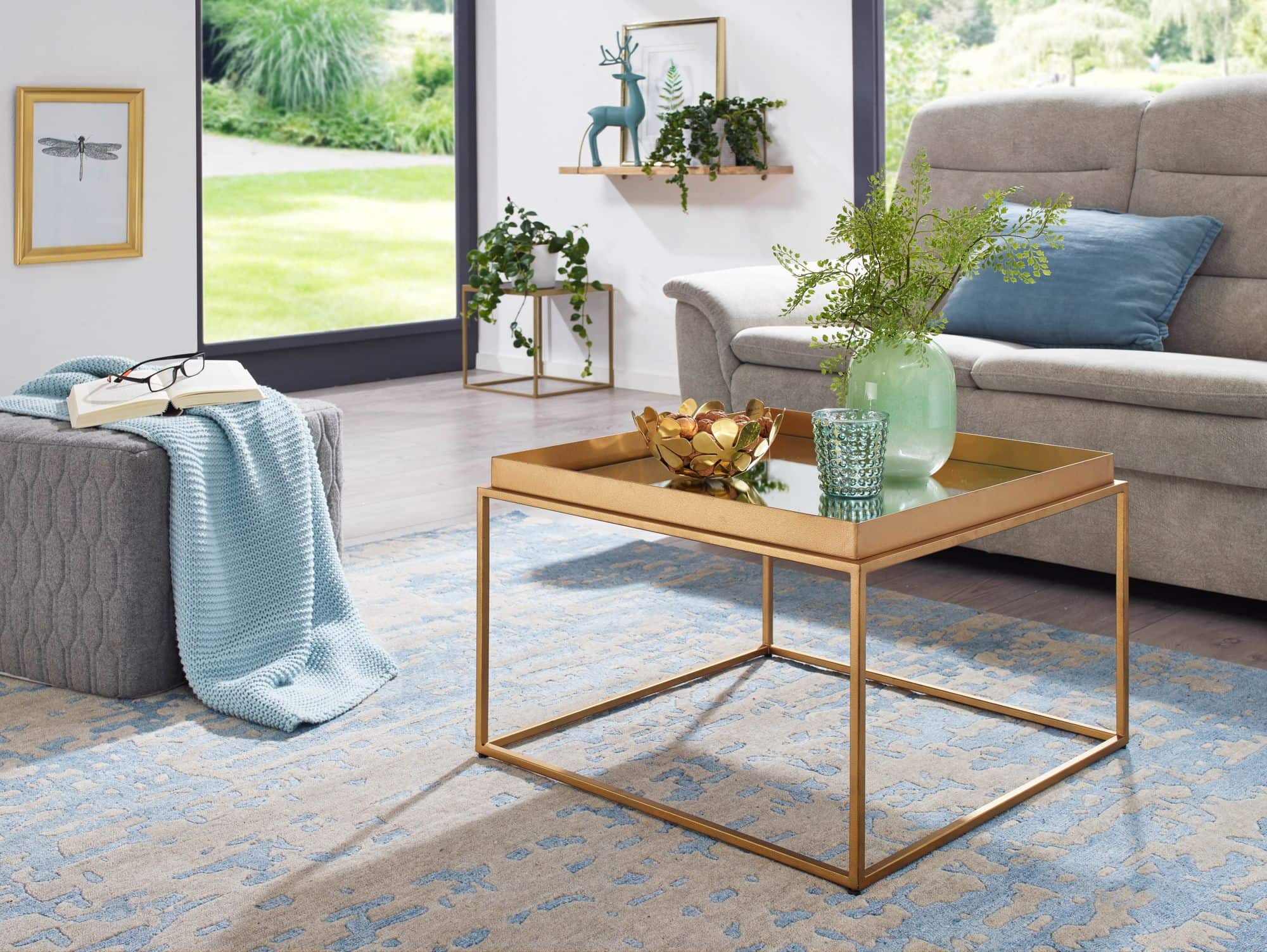 Bild von Wohnling Couchtisch Glas Metall 60x60x41 cm Sofatisch Gold Verspiegelt, Design Wohnzimmertisch Quadratisch, Kleiner Kaffeetisch Modern Spiegelglas, Beistelltisch Anstelltisch Wohnzimmer