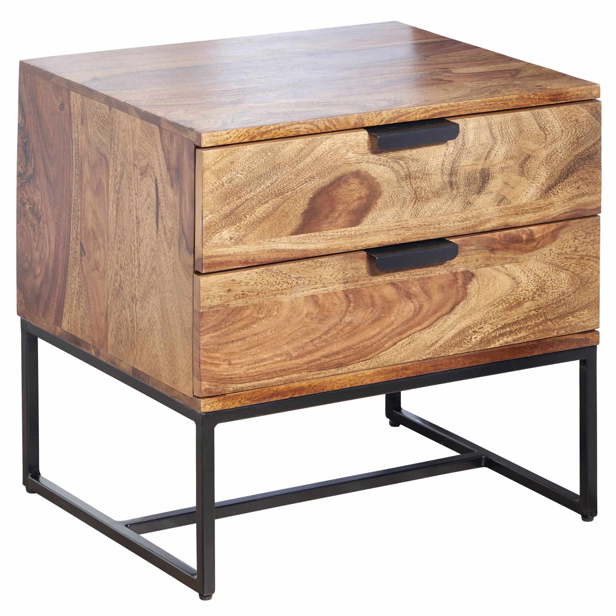 Bild von Nachttisch Sheesham Massivholz / Metall 50x40x51 cm Nachtschrank Boxspringbett | Design Nachtkonsole mit 2 Schubladen | Nachtkommode Industrial mit Stauraum