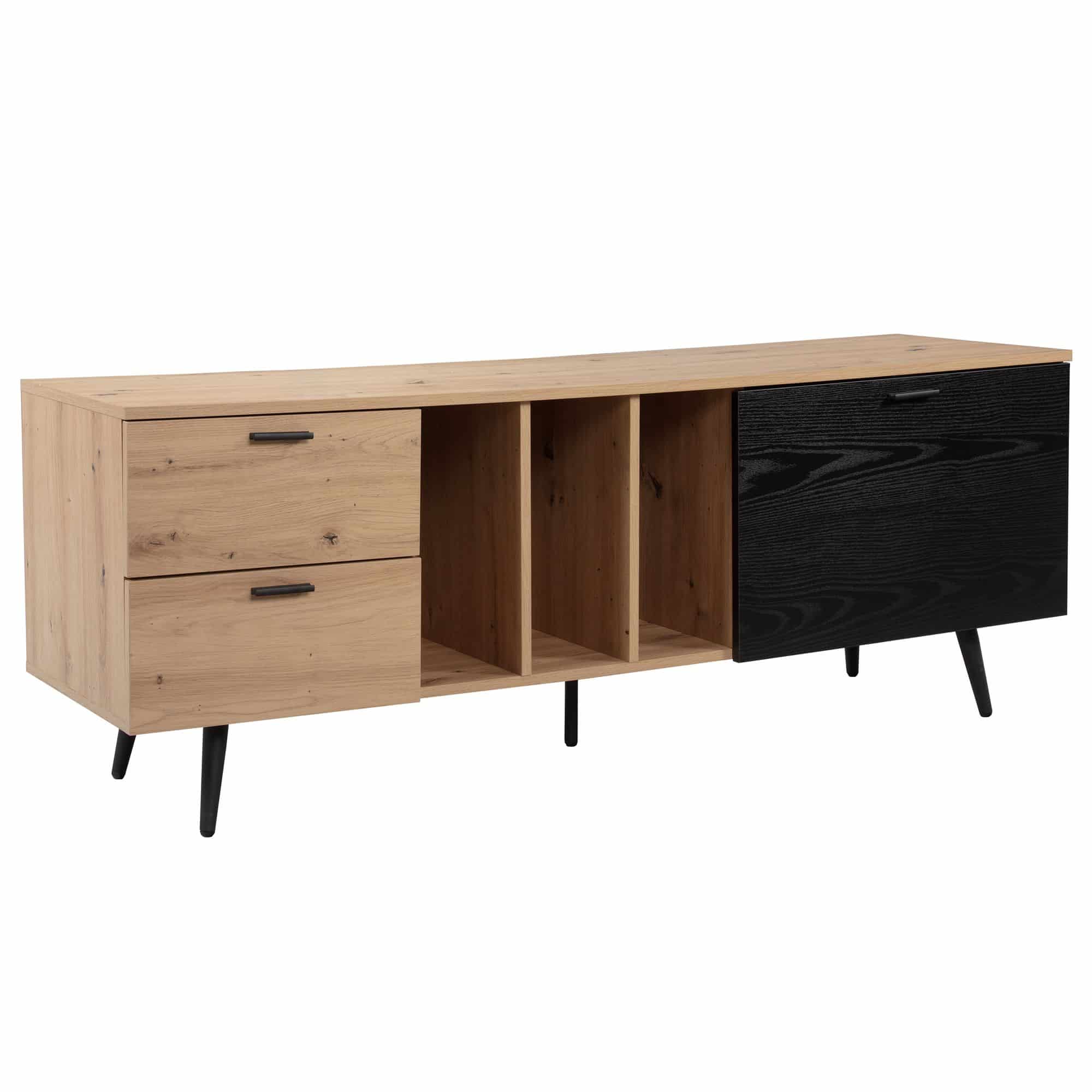 Bild von Wohnling Lowboard Eiche-Dekor Schwarz 150x55x40 cm Design TV-Kommode Modern, TV-Schrank Hoch, Fernsehtisch Fernsehschrank mit Tür & Schubladen, Fernsehkommode Wohnzimmer Modern
