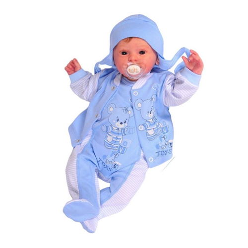 Bild von La Bortini Strampler, Jäckchen & Mütze Baby Anzug 3tlg in Blau gestreift mit Bärchen