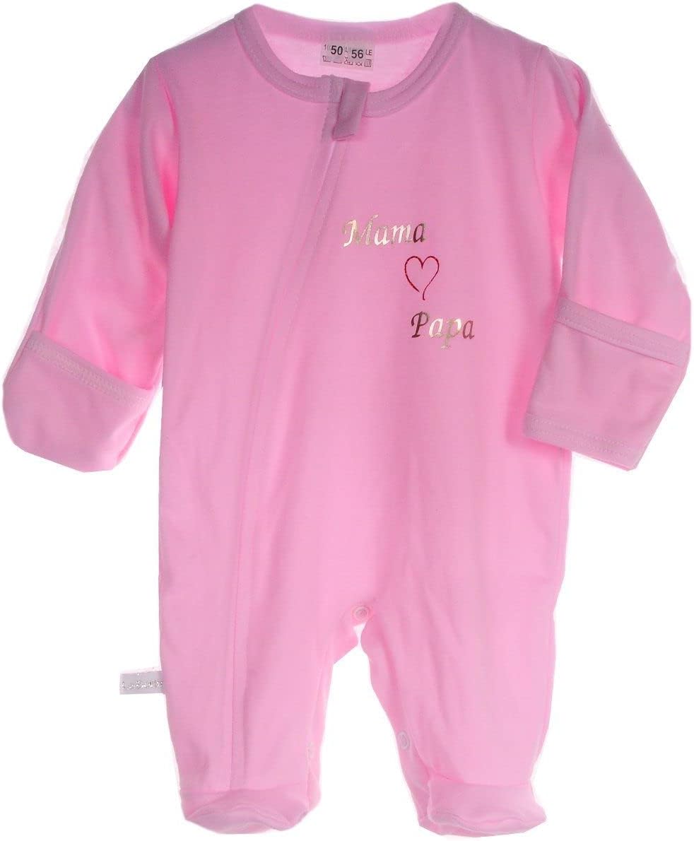 Bild von La Bortini Schlafoverall Strampler Overall Baby Schlafanzug in Rosa mit Papa Mama aus reiner Baumwolle, 44 50 56 62 68 74 80