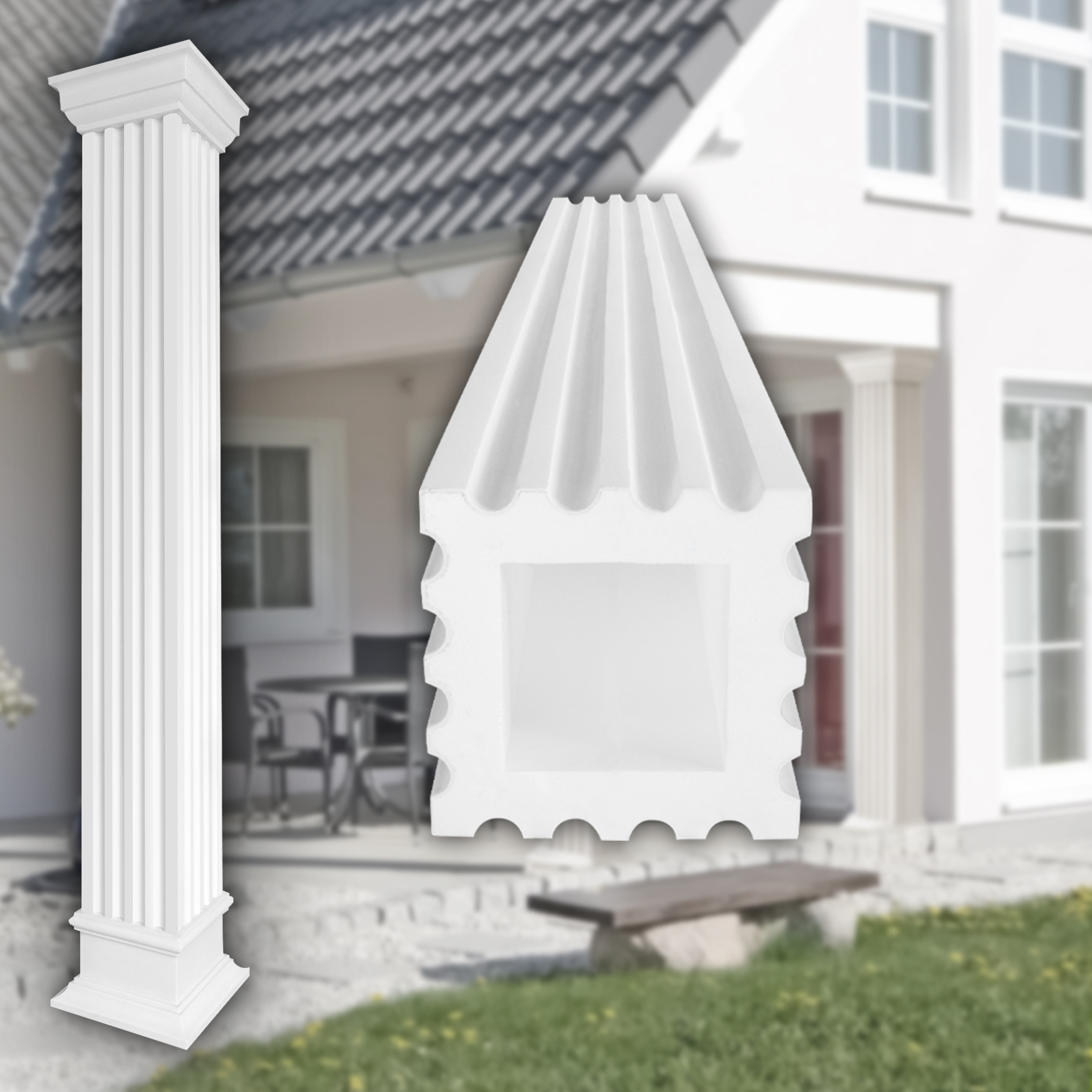 Bild von SÃ¤ulen und HalbsÃ¤ulen eckig voll kanneliert in 3 GrÃ¶Ãen, Fassadenstuck modern auÃen, Prestige Decor