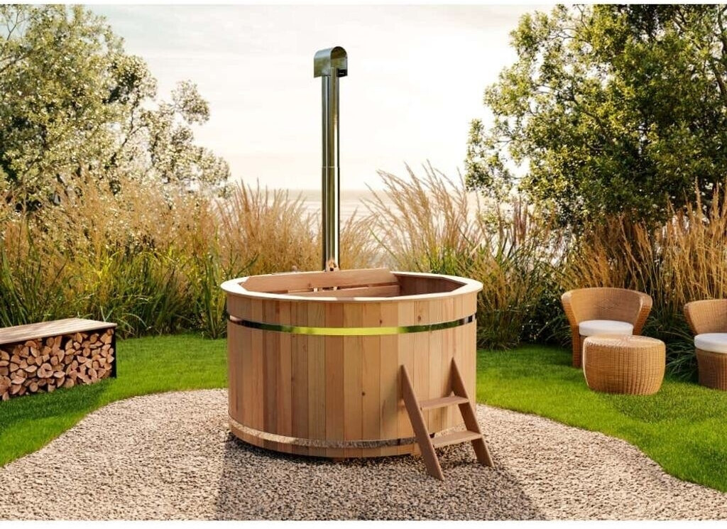 Bild von Finntherm Holz Badefass Bergen, Hot Tub Ø 200 x 101 cm, inkl. Edelstahl-Ofen 22 kW und Einstiegsleiter, 6-8 Personen, Schwimmbecken, Badebottich, Sprudelbad