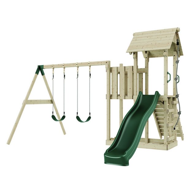 Bild von Polarplay - Rebo Spielturm mit Wellenrutsche und 2x Kinder-Schaukel Outdoor Klettergerüst Garten mit Plattform Kletterseil und Kletterleiter,