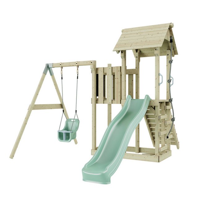 Bild von Rebo Spielturm mit Wellenrutsche und Baby-Schaukel | Outdoor Klettergerüst Garten mit Plattform | Kletterseil und Kletterleiter | Stabile Konstruktion, Weiches Gefühl in den Seilen