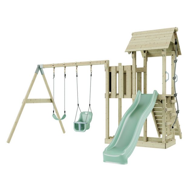 Bild von Rebo Spielturm mit Wellenrutsche, Kinder-Schaukel und Baby-Schaukel | Outdoor Klettergerüst Garten mit Plattform | Kletterseil und Kletterleiter | Stabile Konstruktion