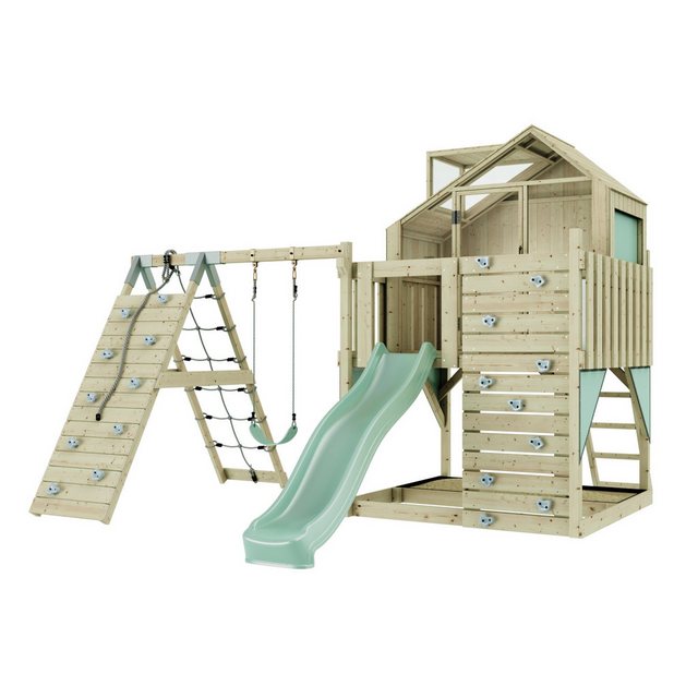 Bild von Rebo Outdoor Spielturm mit Wellenrutsche | Spielhaus aus Holz mit Kinderschaukel, Kletterwand, Kletternetz | Stabile Konstruktion, Weiches Gefühl in den Seilen