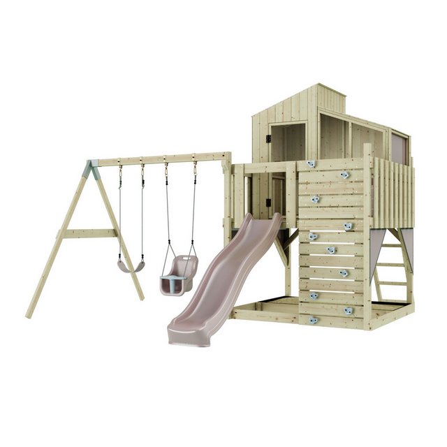 Bild von Rebo Spielturm mit Spielhaus inkl. Wellenrutsche, Kinder-Schaukel und Baby-Schaukel | Outdoor Klettergerüst Garten | Kletterwand und Kletterleiter | Stabile Konstruktion