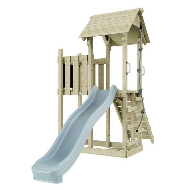 Bild von Rebo Spielturm aus Holz mit Wellenrutsche Outdoor Klettergerüst mit Plattform und Kleterseil- Eisblau - Blau
