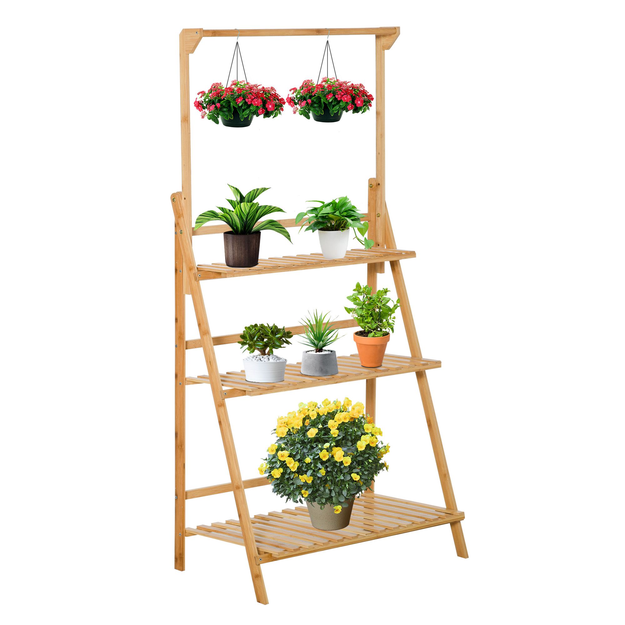 Bild von Outsunny Blumentreppe Holz Pflanzenständer Leiterregal 70 x 40 x 143 cm mit einstellbarer Hängehöhe für hängende Pflanzen Bamboo Natur   Aosom.de