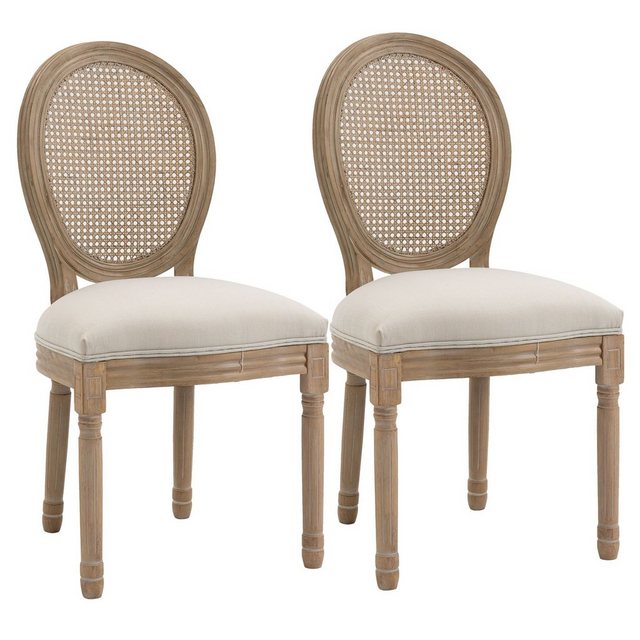 Bild von HOMCOM Esszimmerstuhl Küchenstuhl mit Rattan-Rückenlehne (Polsterstuhl, 2 St), Cremeweiß+Natur 49 x 56 x 96 cm