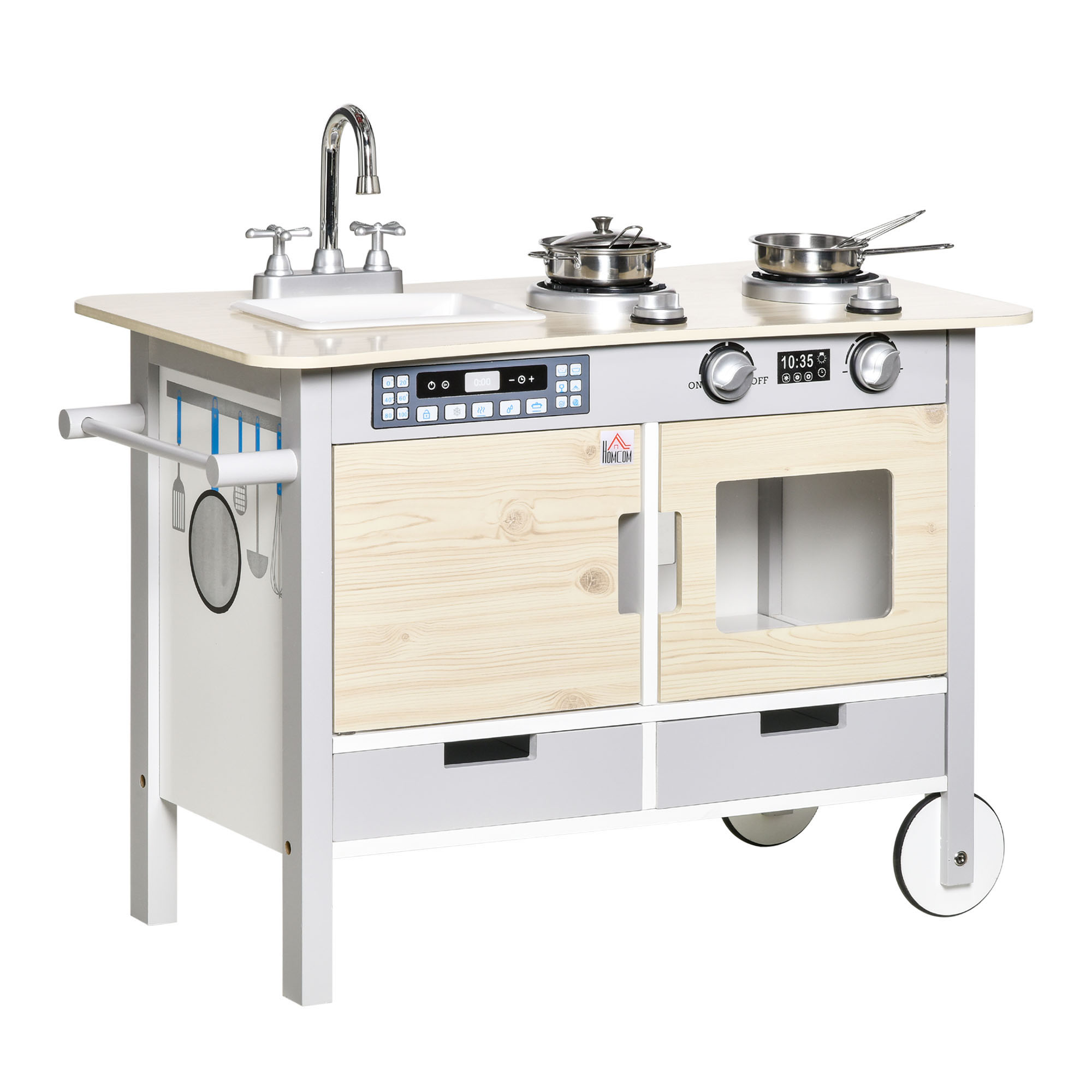 Bild von HOMCOM Kinderküche mit Rollen Spielküche Küchenwagen 70x40x66,5cm mit 2 Töpfen Spüle Kochbank Schränke und 5 Stück Küchenzubehör aus Naturholz und Grau   Aosom.de