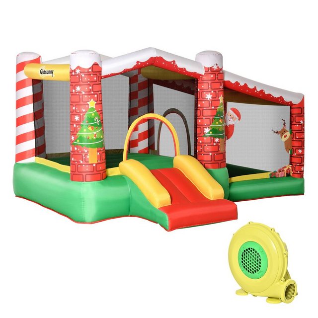 Bild von Outsunny Weihnachten Aufblasbare Hüpfburg Trampolin kleine Rutsche Ballgrube für 3 Kinder Springburg mit Gebläse für 3-8 Jahre Oxford-Gewebe Polyester Rot+Grün 325 x 270 x 175 cm