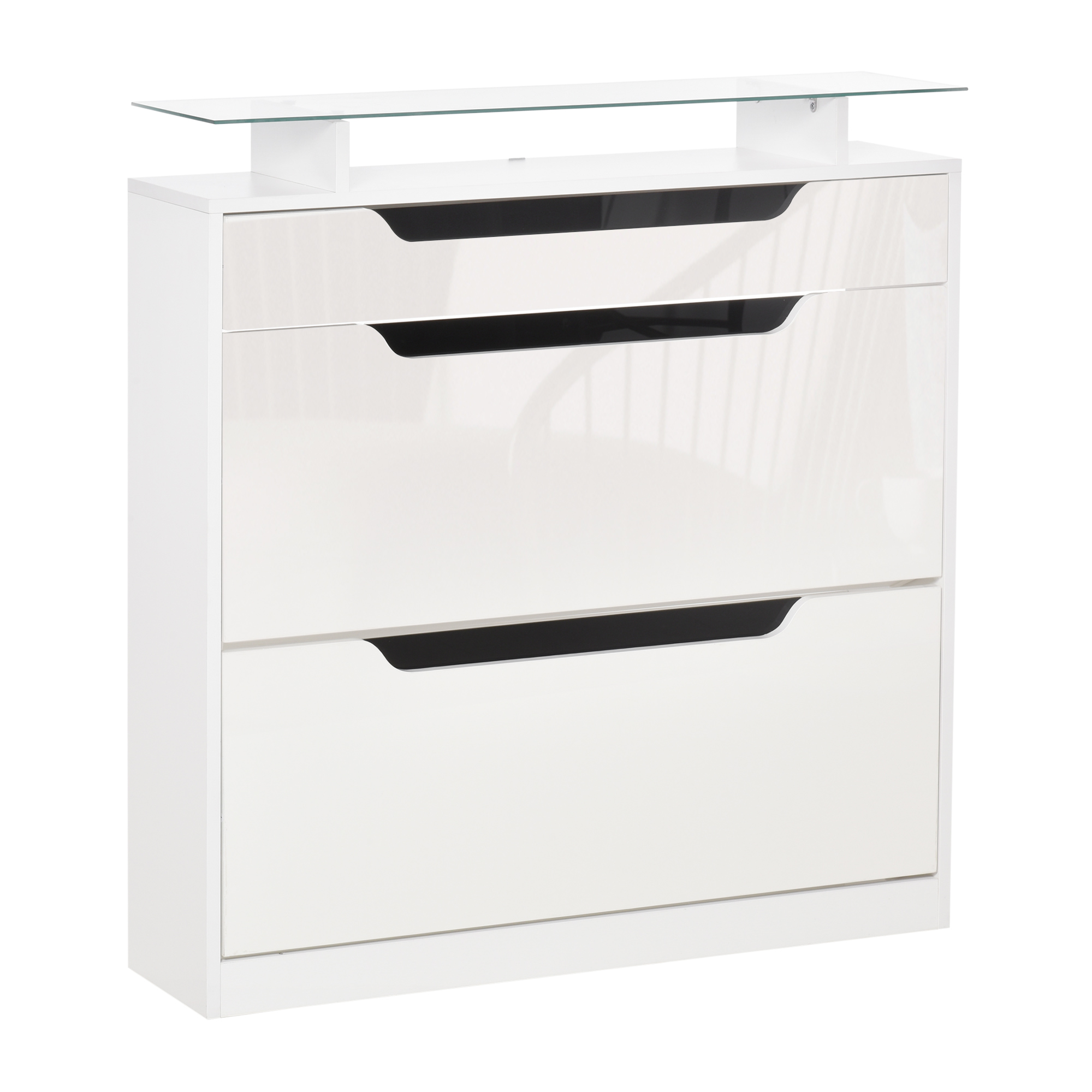 Bild von HOMCOM Schuhschrank Schuhregal mit 3 Schubladen und Klapptür, verstellbares Regal für 14 Paar, Hochglanz Weiß 89 x 23 x 96 cm, großer Stauraum   Aosom.de