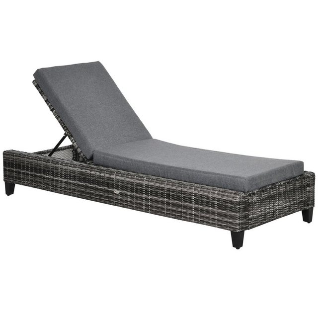 Bild von Outsunny Gartenliege Polyrattan Gartenliege mit Kissen 5-stufig verstellbar, Rattanliege, 1 St., Sonnenliege, Metall Grau 72 x 198 x 30 cm