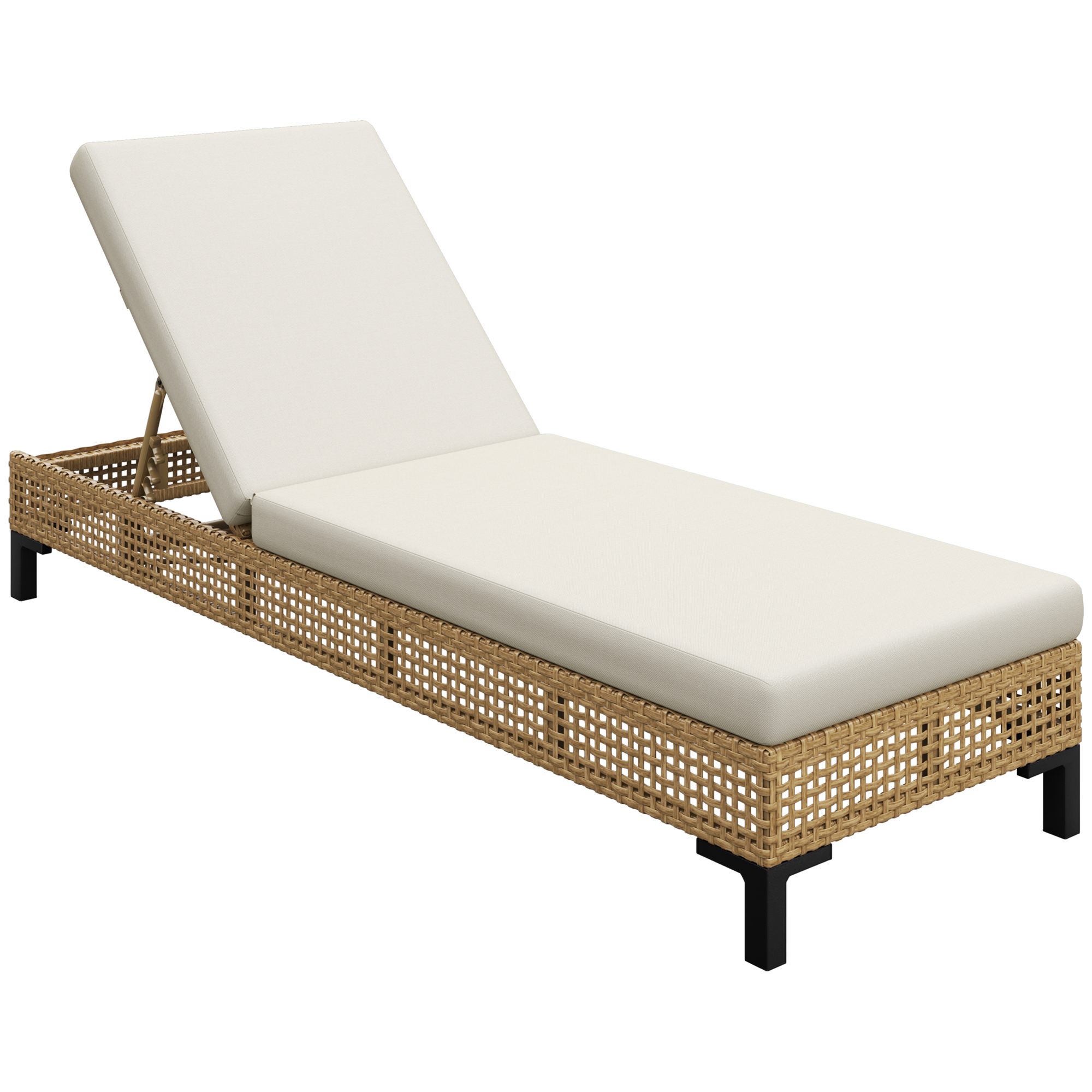 Bild von Outsunny Gartenmöbel Sonnenliege 3-stufig verstellbar mit Kissen, Rattanliege aus Stahl, Natur 65 x 200 x 31 cm für Garten & Terrasse   Aosom.de