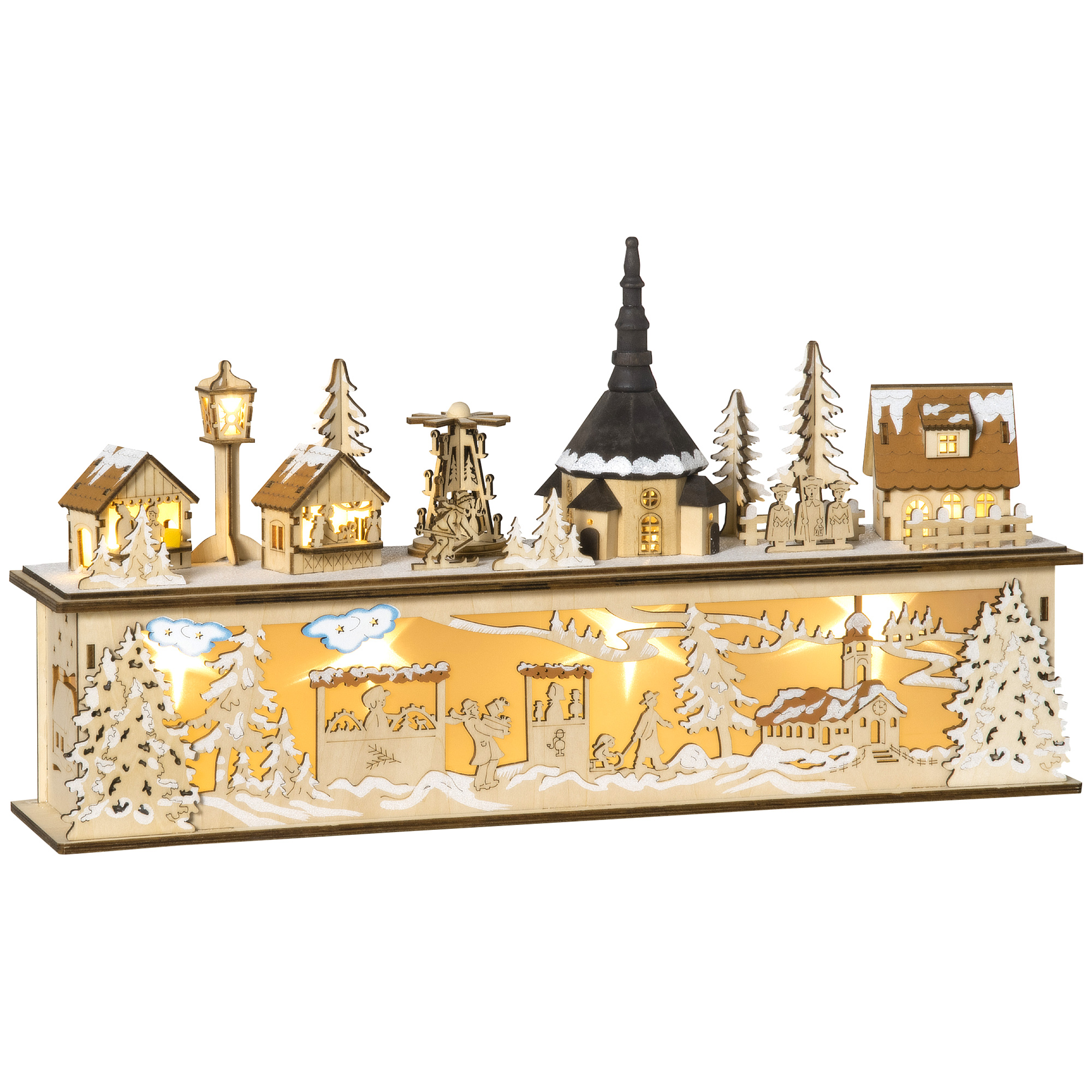 Bild von HOMCOM Weihnachtsdeko verschneites Weihnachtsdorf mit 10 LEDs beleuchtet Winterlandschaft Tischdeko Fensterdeko Natur 45 x 10 x 25 cm   Aosom.de