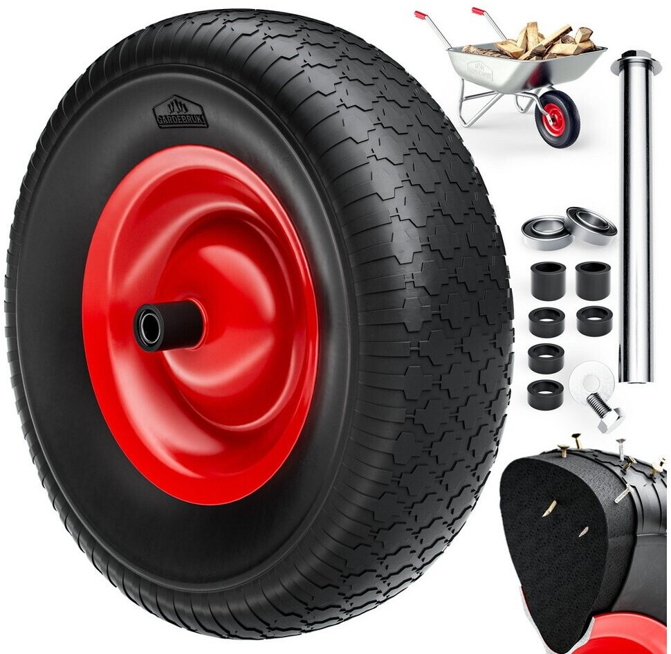 Bild von GARDEBRUK® Schubkarrenrad PU Vollgummi pannensicher 4.80/4.00-8 Ø390mm Stahlfelge 200kg Achse Diamantprofil Reifen Vollgummireifen Ersatzrad Schwarz
