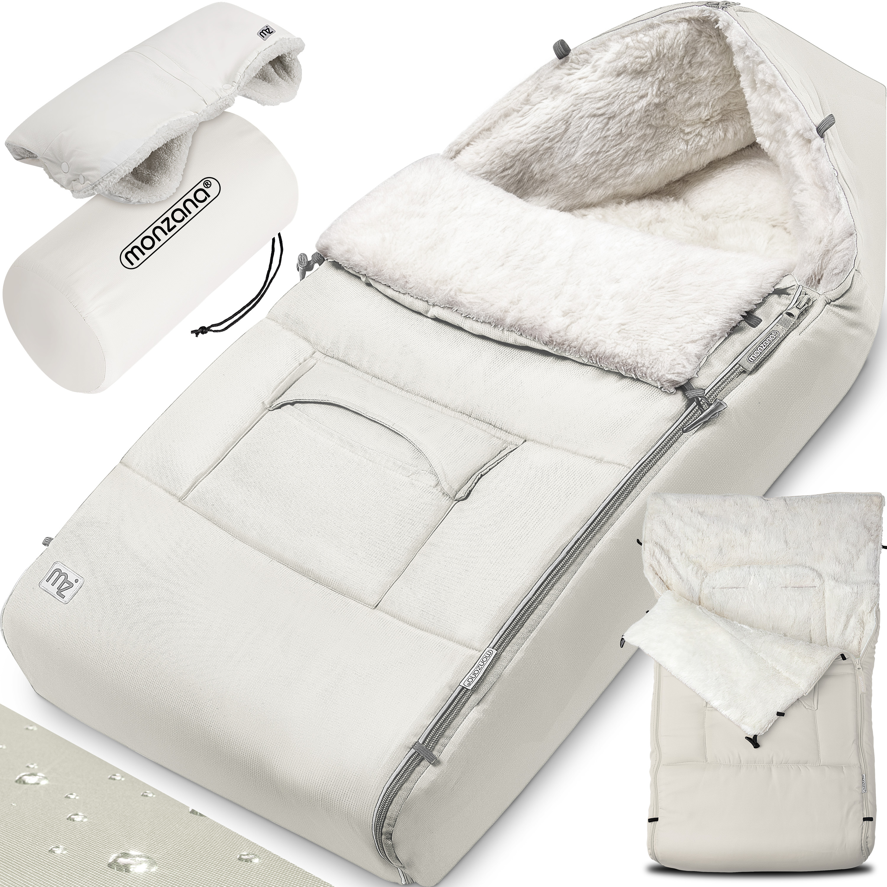 Bild von Fußsack für Kinderwagen Baby Winter mit Handwärmer Reflektoren Reißverschluss Buggy Waschbar Babyschale Schlafsack Kuschelig beige - Monzana