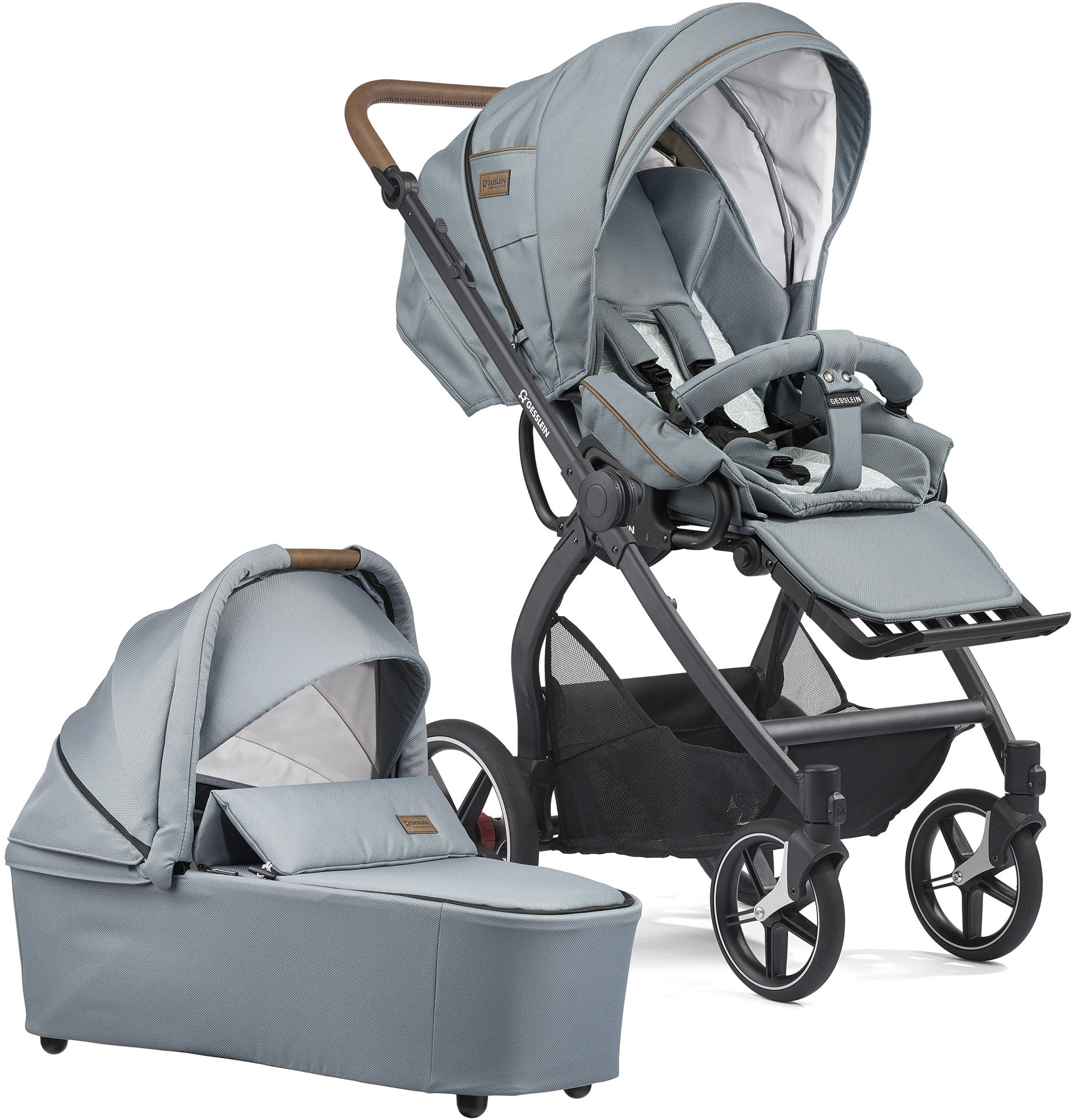 Bild von Kombi-Kinderwagen GESSLEIN "FX4 Soft+ mit Aufsatz Classic schwarz/tabak, petrol" blau (petrol) Baby Kinderwagen mit Babywanne Cx3 und Babyschalenadapter