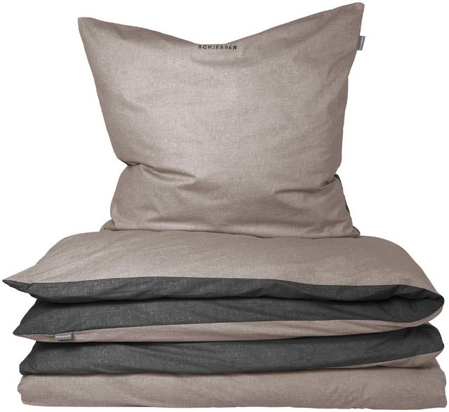 Bild von Schiesser Wendebettwäsche "Doubleface", (2 tlg.), mit Logostickerei auf dem Kissenbezug, in kühlender Renforcé Qualität und wärmender Biber Qualität (Flanell) aus 100% Baumwolle, Bett- und Kopfkissenbezug mit Reißverschluss, nachhaltig