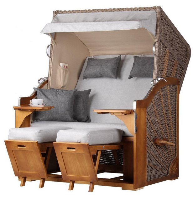 Bild von bene living Strandkorb Schleswig Pinie 2-Sitzer - PE mokka - Modell 559, BxTxH: 120x80x160 cm, Ostsee-Strandkorb Komplettset, inkl. Schutzhülle, Glas-/Becherhalter und Doppellenkrollen