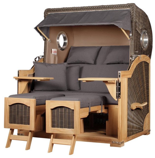 Bild von bene living Strandkorb Ammersee Grande XL Teak - PE grau - Modell 551, BxTxH: 142x95x165 cm, Volllieger ca. 175 Grad, Ostsee-Strandkorb Komplettset, inkl. Liftersystem und Bullaugen