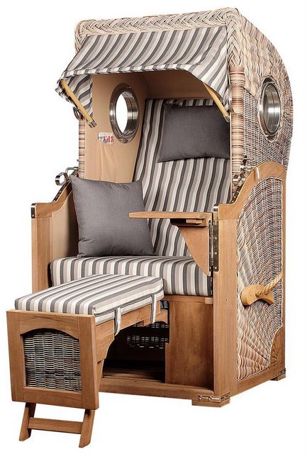 Bild von bene living Strandkorb Ammersee 1-Sitzer Teak - PE shell - Modell 545, BxTxH: 96x80x165 cm, Volllieger ca. 175 Grad, Ostsee-Strandkorb Komplettset, inkl. Liftersystem und Bullaugen